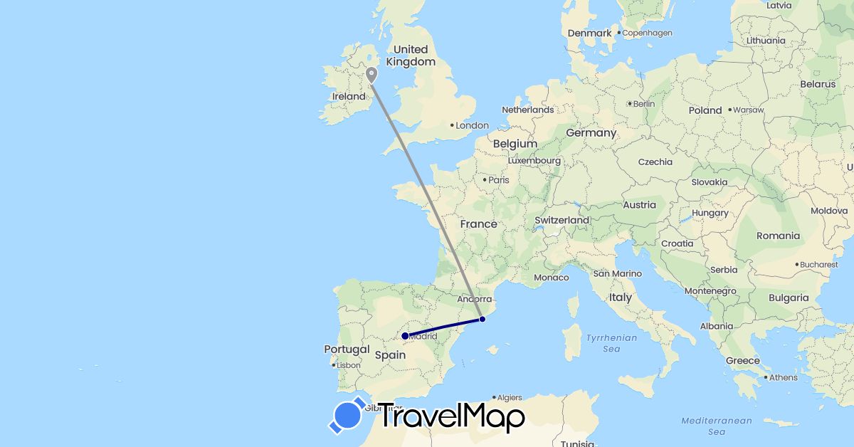 TravelMap itinerary: driving, plane in Spain, Ireland (Europe)