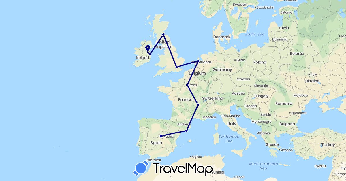 TravelMap itinerary: driving in Spain, France, United Kingdom, Ireland, Netherlands (Europe)